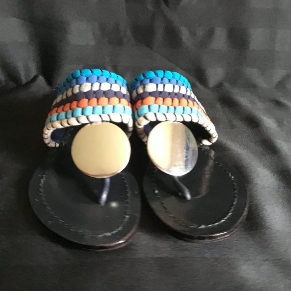 Tory Burch Women's Patos Sport Blue Silver Disk Thong Sandals Flip Flops Size 6 - Picture 5 of 8